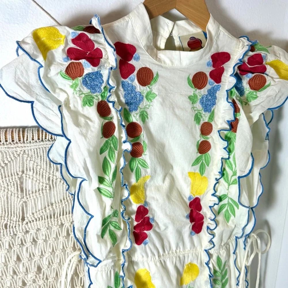Farm Rio Anthropologie Garden Southern Cute Embroidered Cream Fruit Fern Dress S - Picture 9 of 13